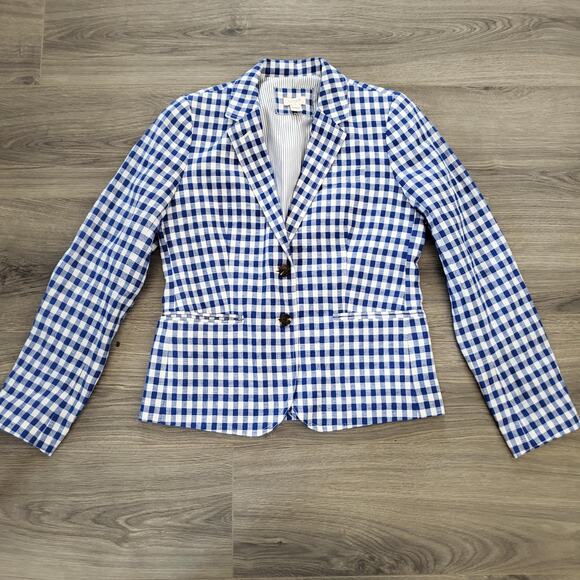 J Crew Blazer Womens 6 Blue White Gingham Check Linen Cotton Spring Jacket - Picture 1 of 8